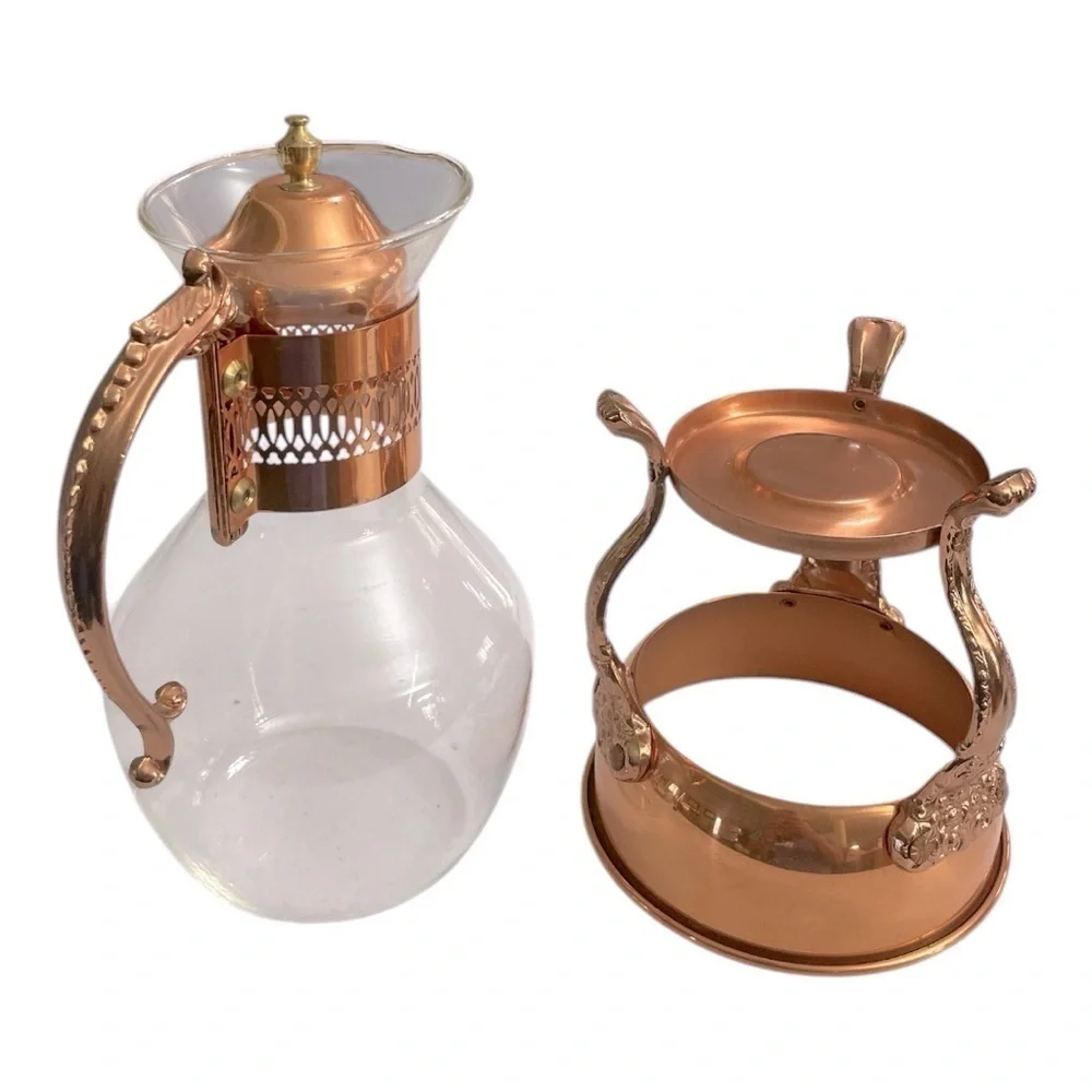 Vintage Princess House Copper Coffee Tea Pot Carafe & Warming Stand Set 14